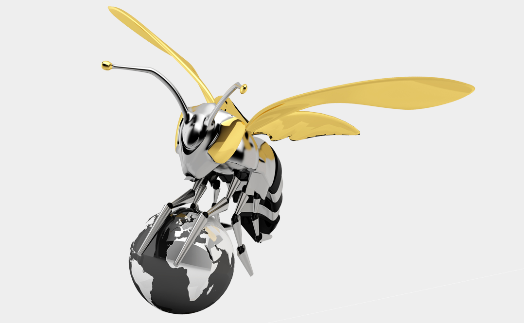 Metallic bee carrying a small world globe